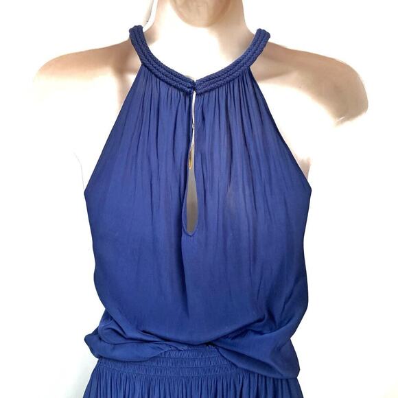 Ramy Brook Navy Mini Dress | High Neck Pleated Cocktail Party Wedding Guest Look - Picture 6 of 16